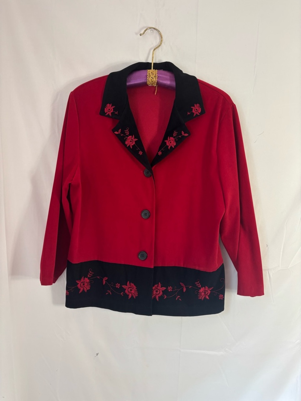 VTG Red Black Floral Embroidered Boho Lagenlook Lightweight Jacket Size L